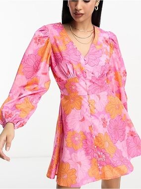 NWT In The Style Orange & Pink Floral Button Down Skater Dress Sz. 4 #2370